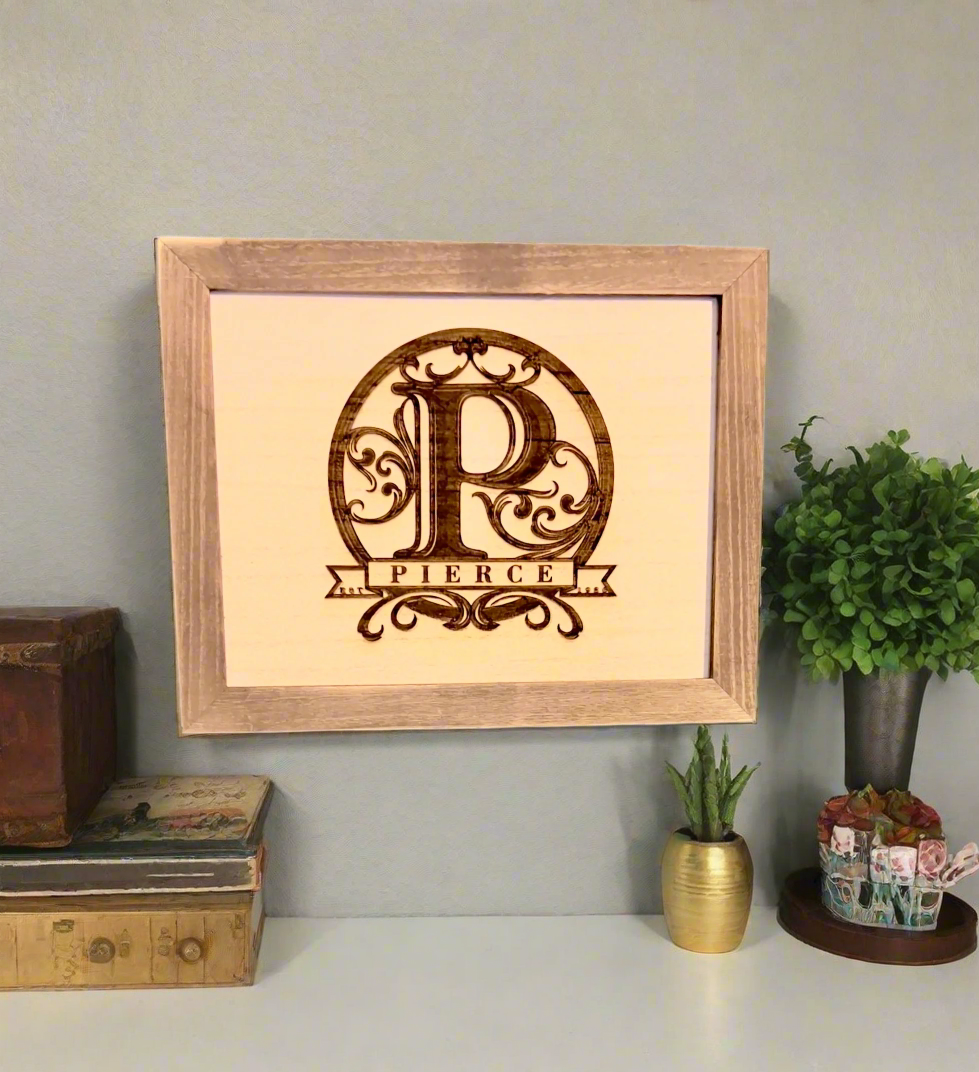 Laser Engraved Family Monogram in Wooden Frame