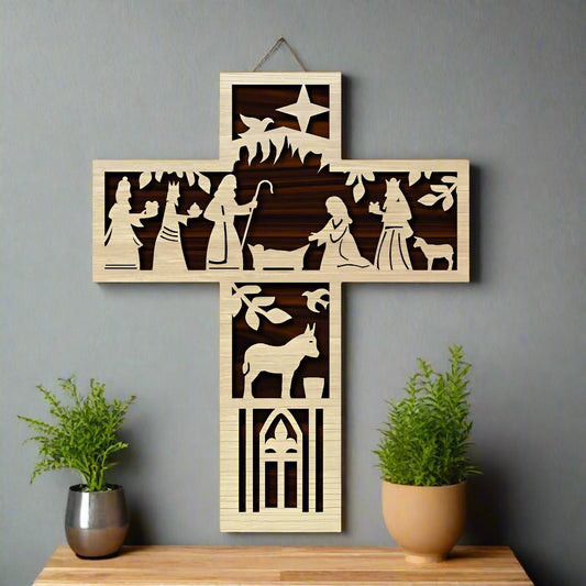 Wooden Cross with Manger Scene