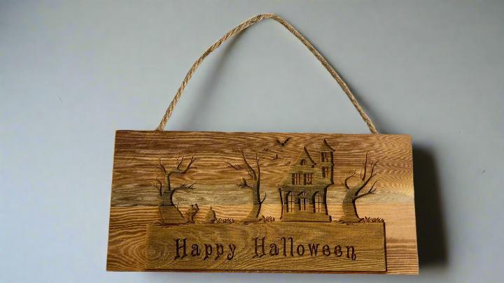 Wall Hanging Wooden Sign with a spooky Halloween Scene deep engraved on it.